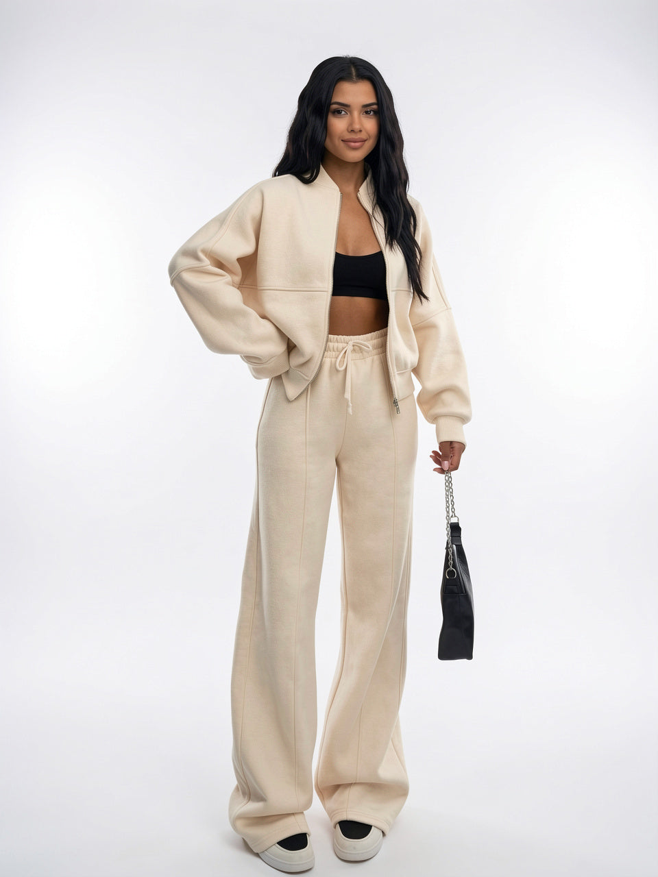 Ensemble Survêtement Bomber Oversize Pantalon Large Doux - Blanc S