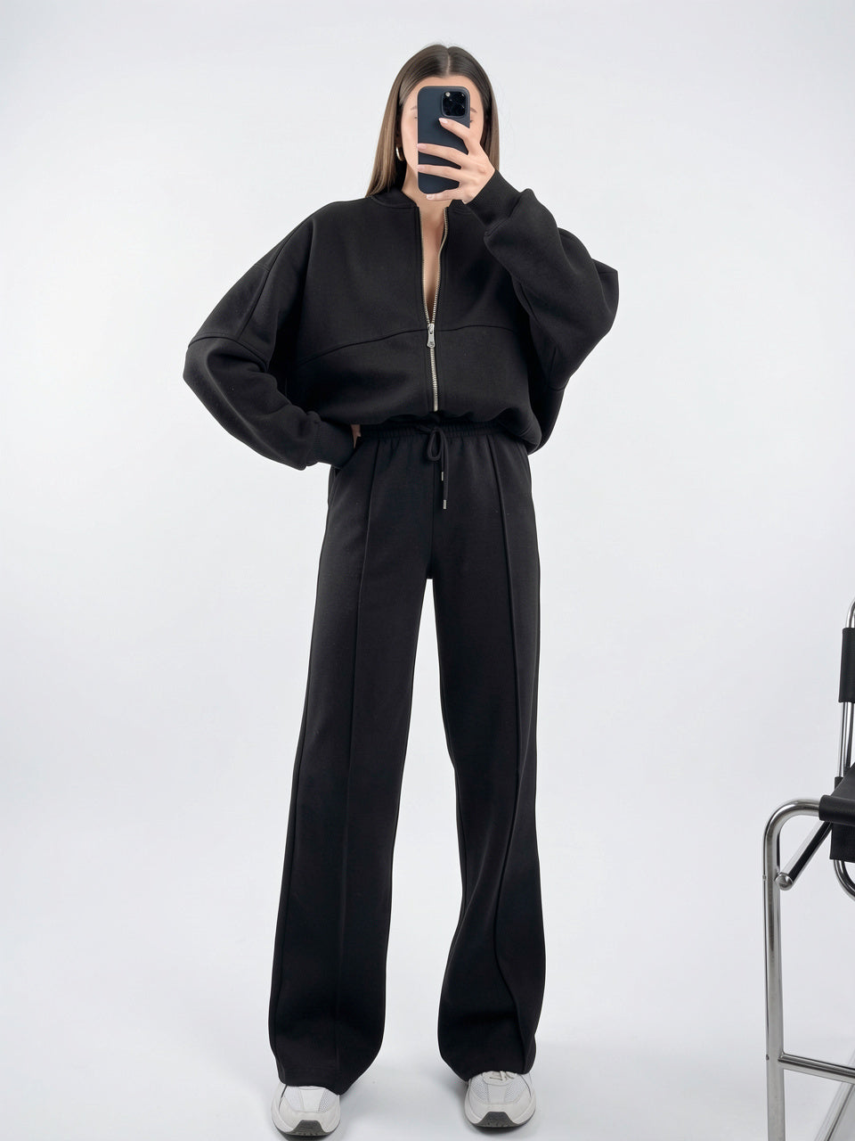 Ensemble Survêtement Bomber Oversize Pantalon Large Doux - Noir S