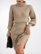 Ensemble Tricot Femme Jupe Midi Col Roulé Côtelé - 3