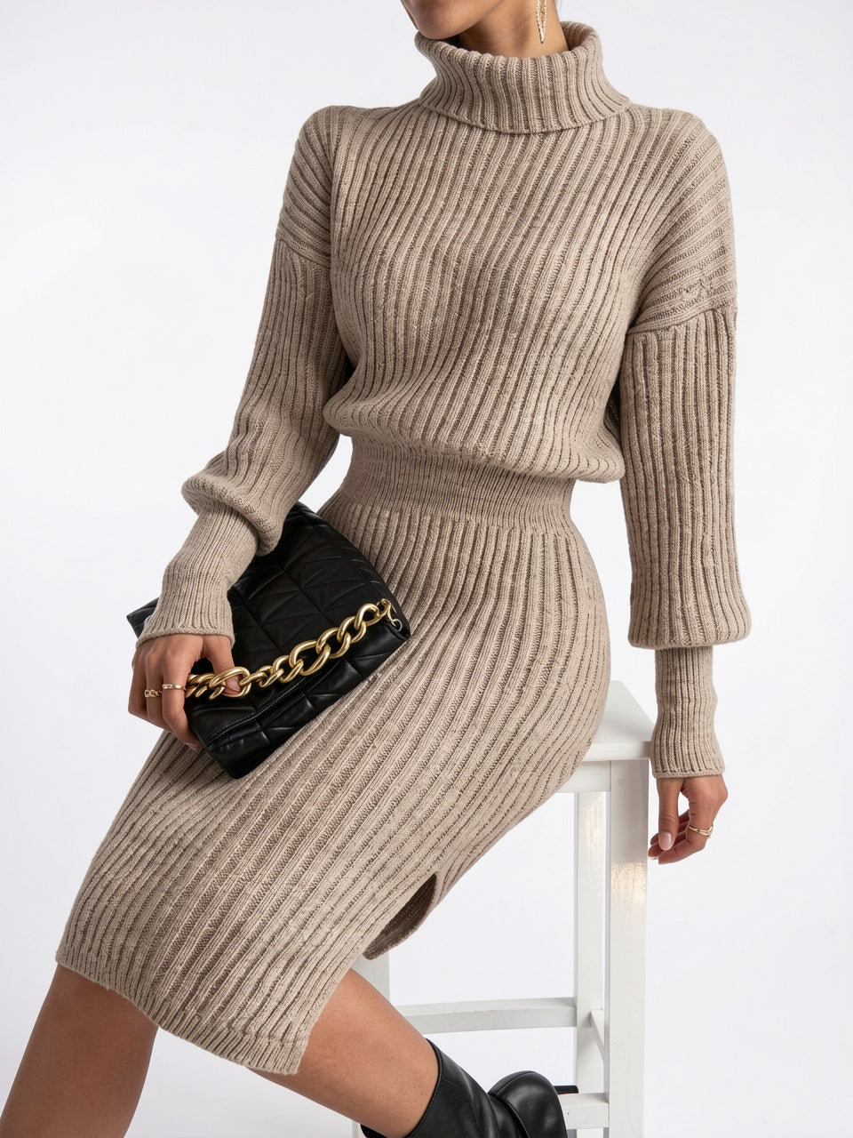 Ensemble Tricot Femme Jupe Midi Col Roulé Côtelé - 4