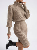 Ensemble Tricot Femme Jupe Midi Col Roulé Côtelé - Taupe S