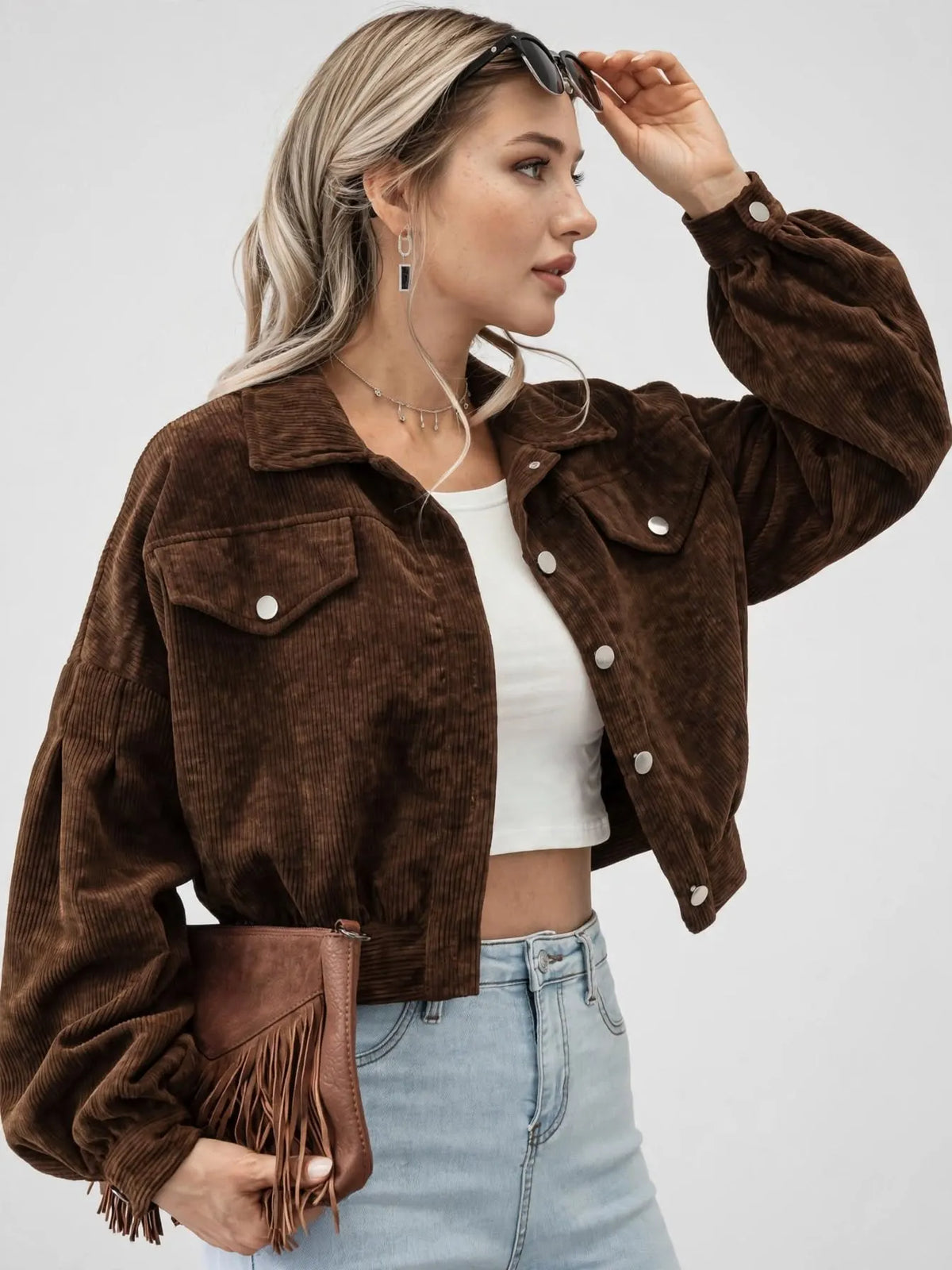Veste Courte Femme Velours Côtelé Boutonnée Quotidien Poches