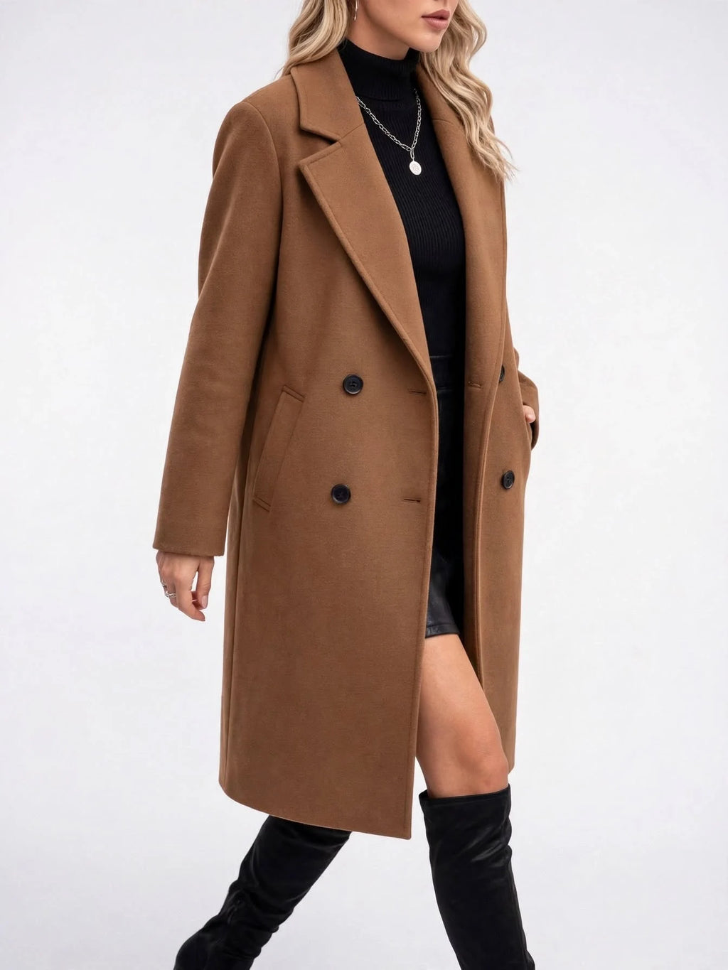 Manteau Femme Mi-Long Hiver-Automne Double Boutonnage Chaud
