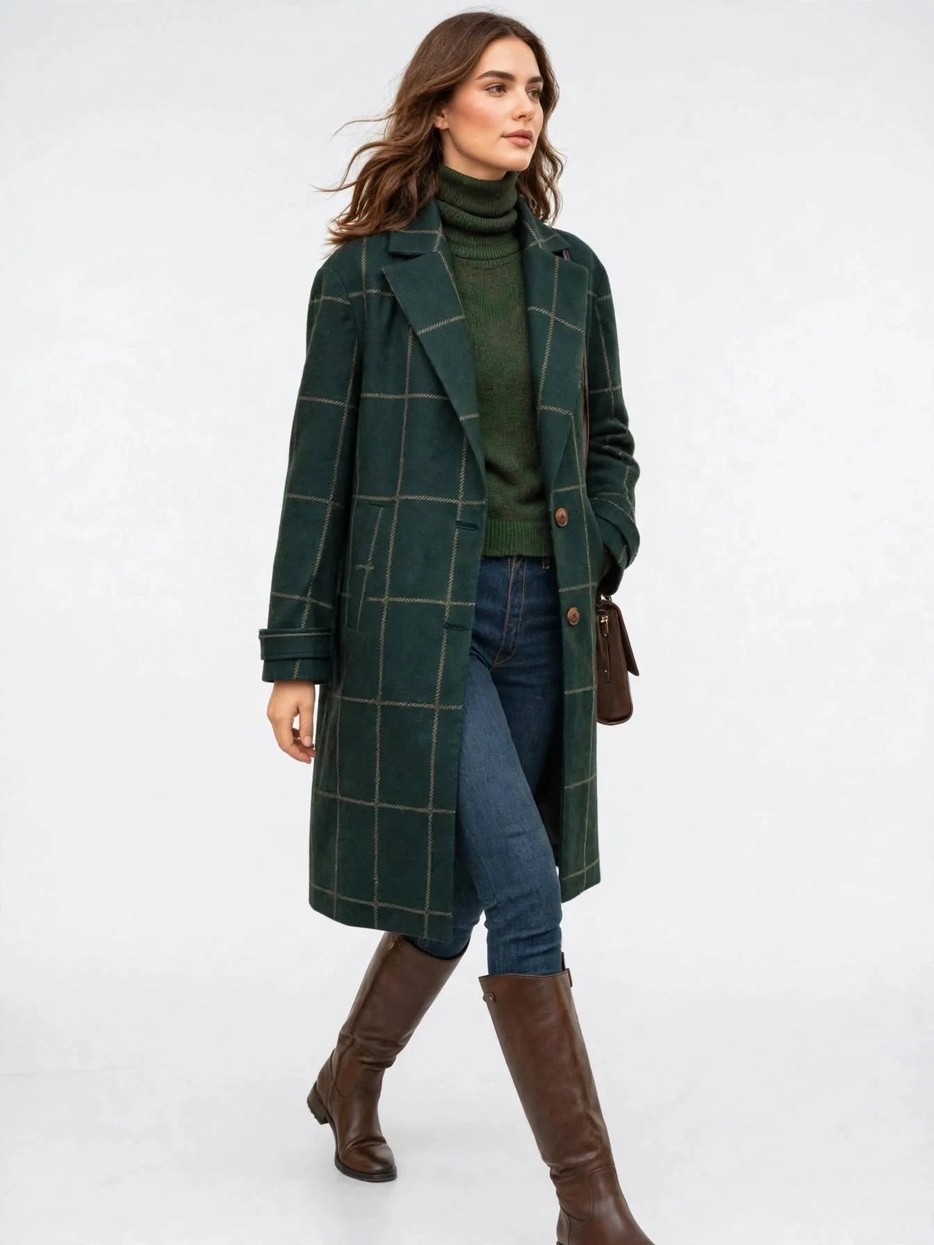 Manteau Long Femme Geruit Boutonnage Hiver Slim Fit