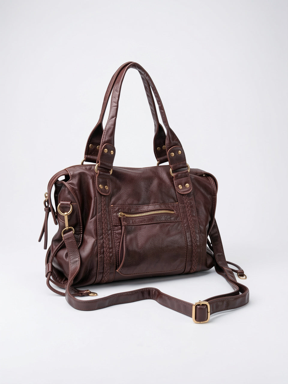 Faustine — Grand sac à main vintage de cours à bandoulière - Café