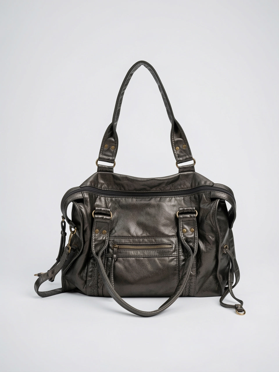 Faustine — Grand sac à main vintage de cours à bandoulière - Gris métallisé