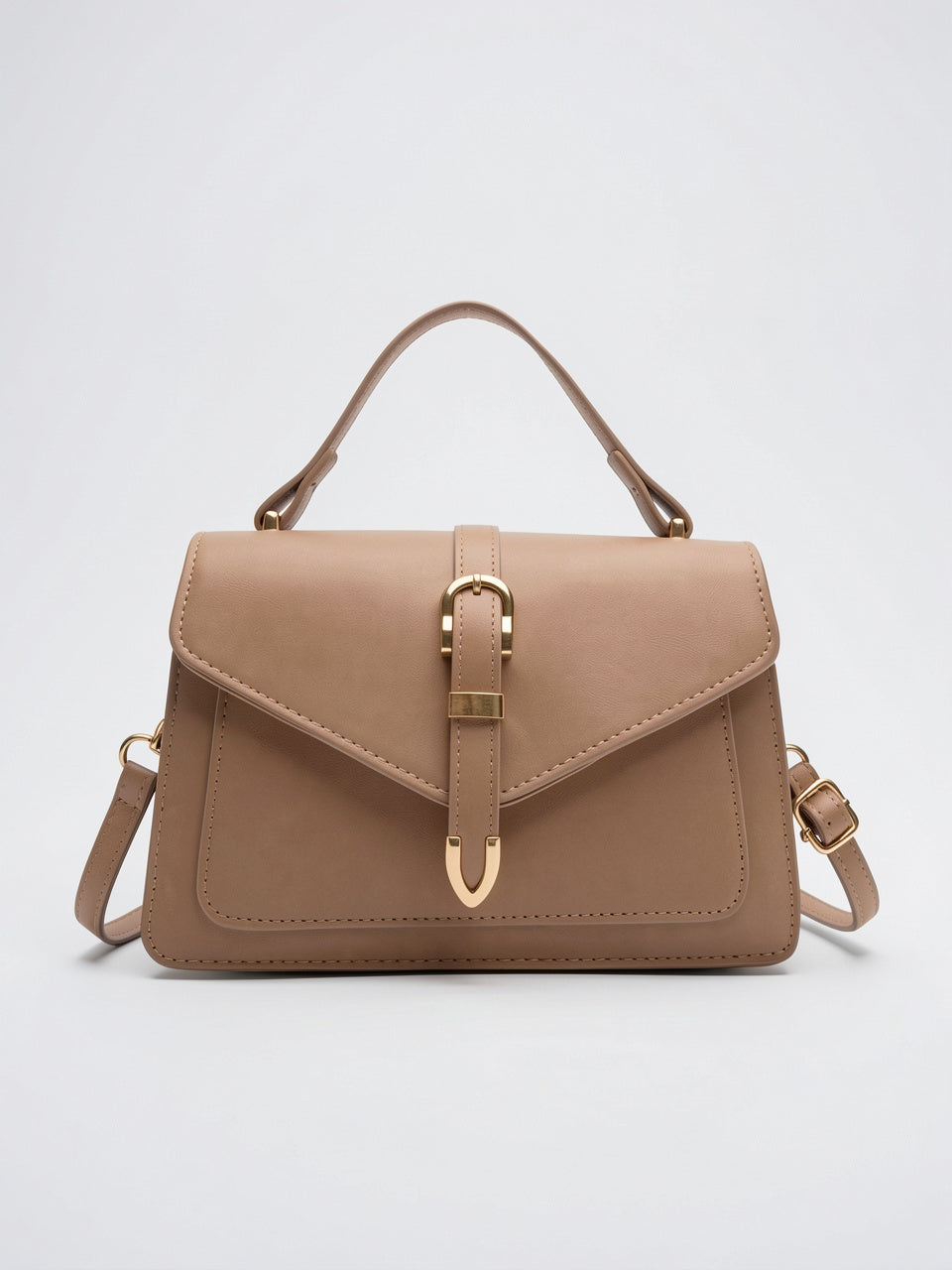 Flora — Petit sac à main à bandoulière à rabat aux finitions dorées - Taupe