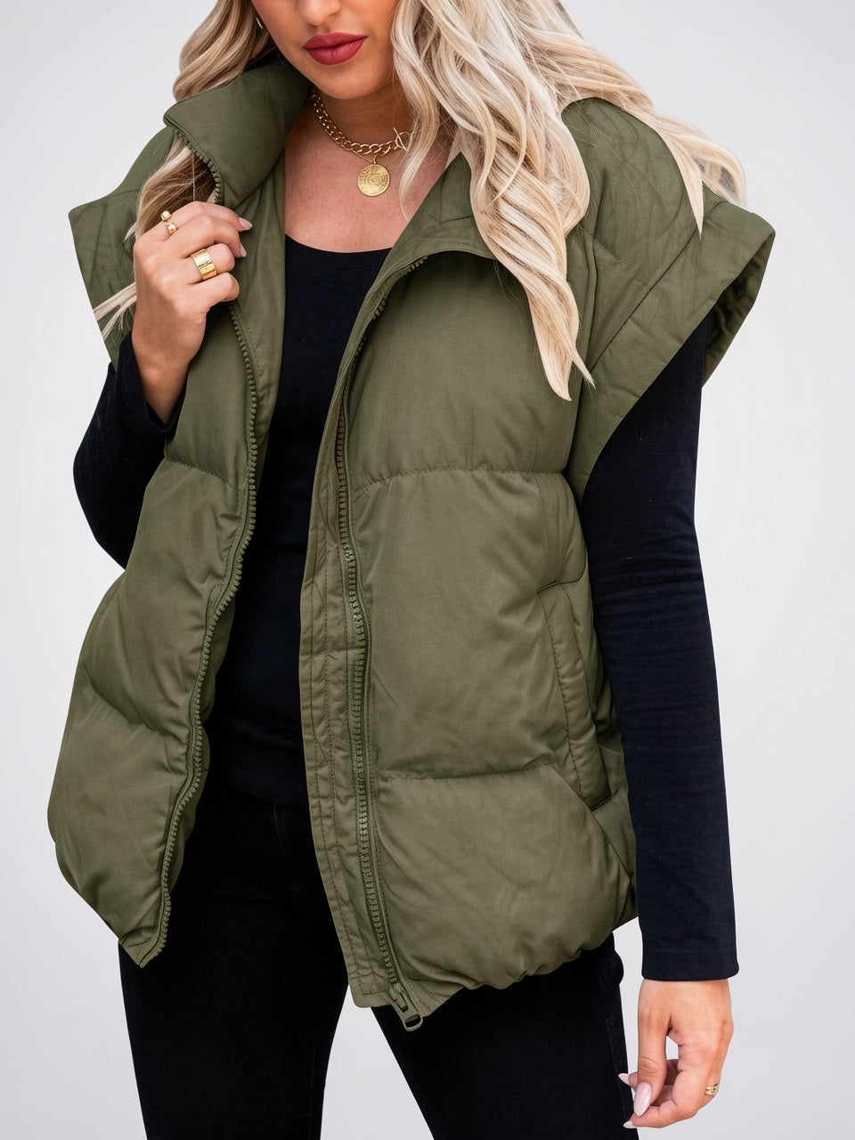 Gilet femme tendance hiver sans manches ajusté - Vert S