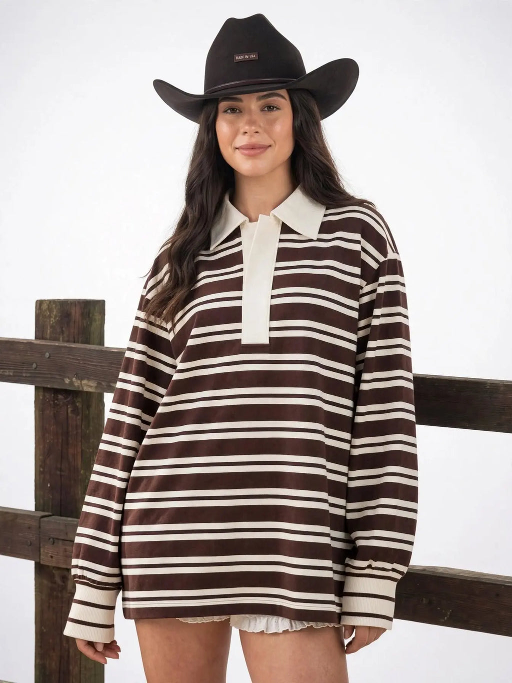 Top Femme Manches Longues Polo Rayé Coupe Régulière