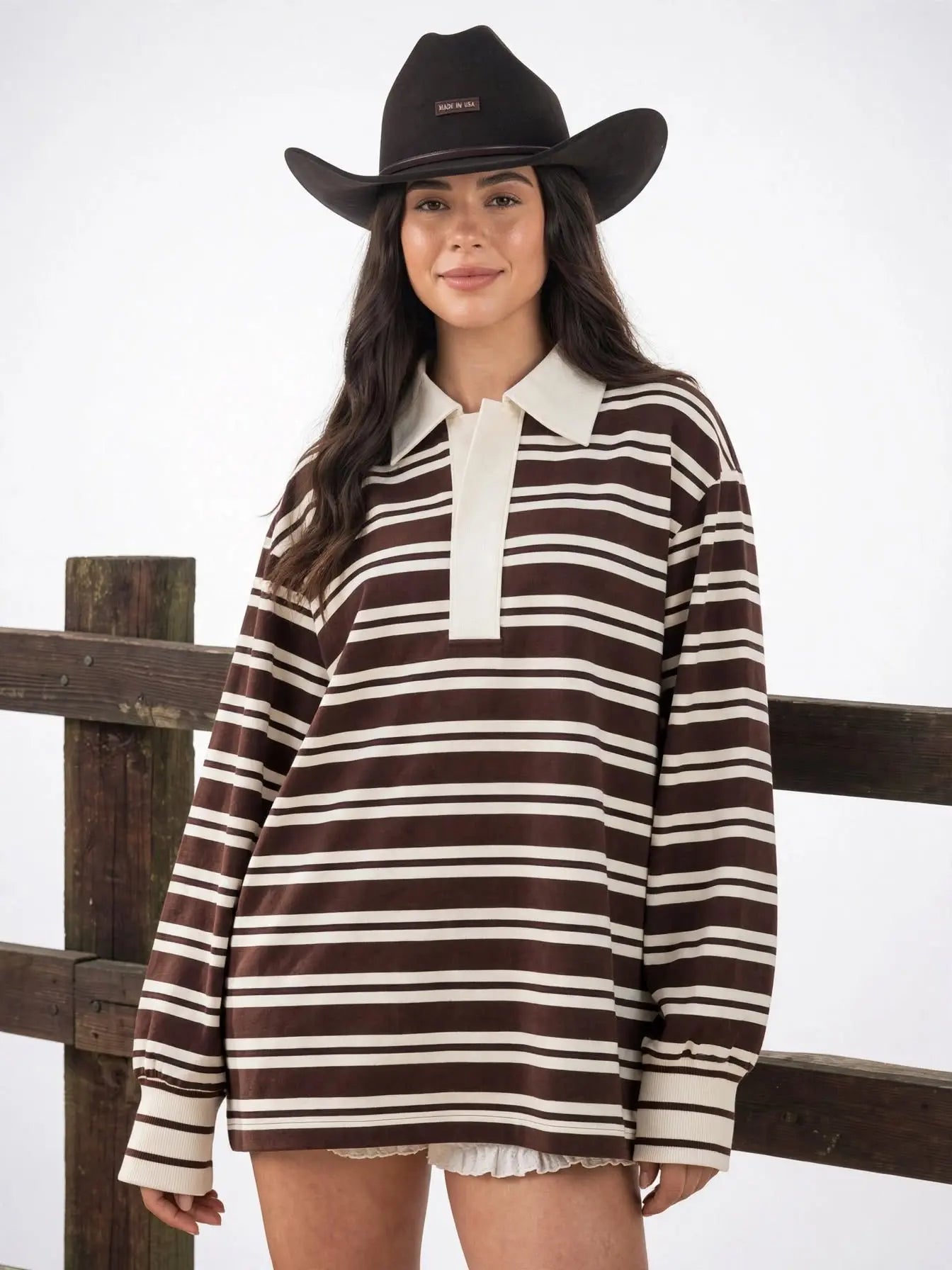 Top Femme Manches Longues Polo Rayé Coupe Régulière