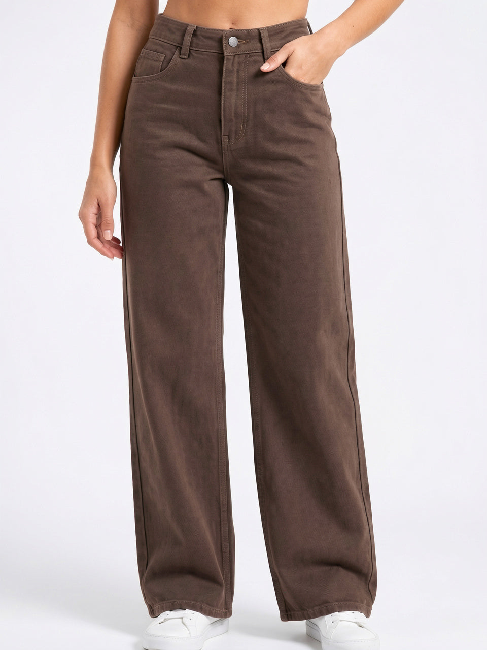 Jeans Coton Large Femmes Taille Mi-Haute Flexibles - Marron XS