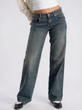 Jeans Denim Taille Basse Coupe Large Coton - Bleu Marine XS