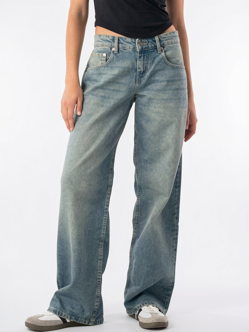 Jeans Denim Taille Basse Coupe Large Coton - Bleu S