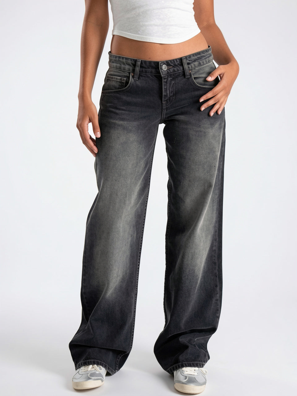 Jeans Denim Taille Basse Coupe Large Coton - Noir M