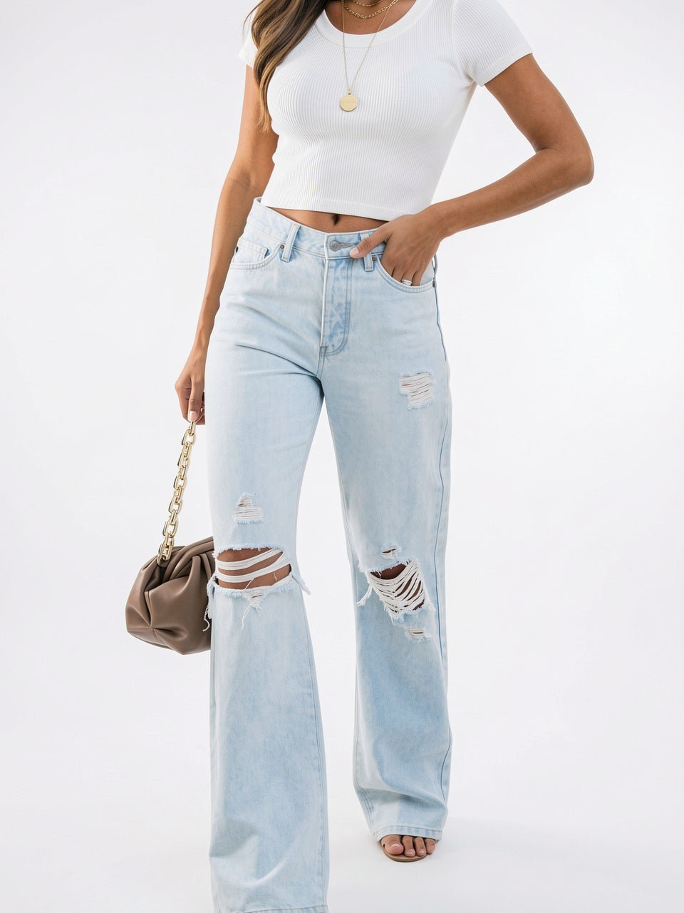 Jeans Large Distress pour Femmes, Denim Déchiré Taille Haute, Coupe Relax Confortable - 3