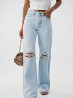 Jeans Large Distress pour Femmes, Denim Déchiré Taille Haute, Coupe Relax Confortable - Light Blue S