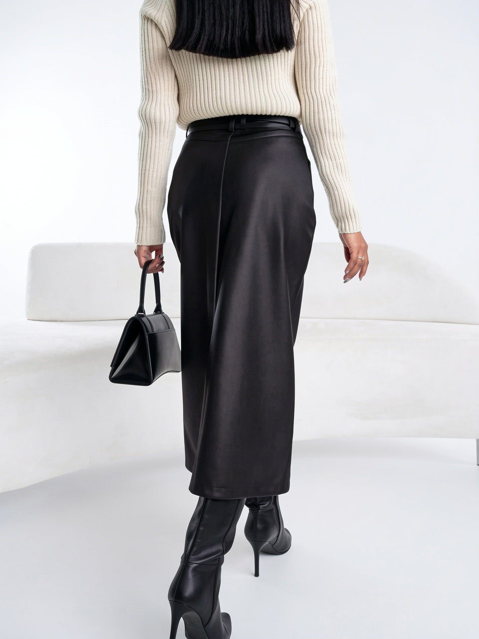 Jupe Midi Taille Haute Fendue Figurée Bureau Quotidien - 4