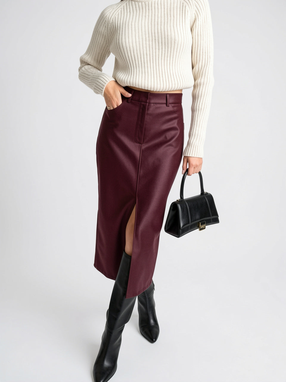 Jupe Midi Taille Haute Fendue Figurée Bureau Quotidien - Burgund XS