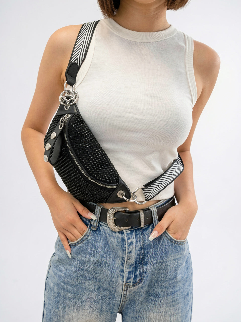 Luce — Sac banane à bandoulière noir avec strass - 9