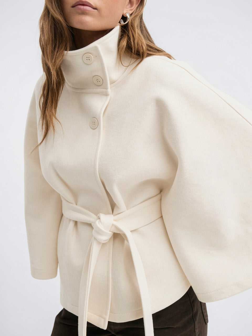 Manteau Cape Col Haut Femme Hiver Ceinturé Luxe - Blanc S