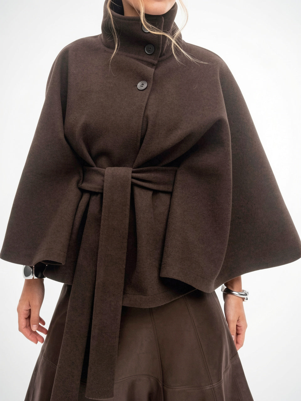 Manteau Cape Col Haut Femme Hiver Ceinturé Luxe - Brun S