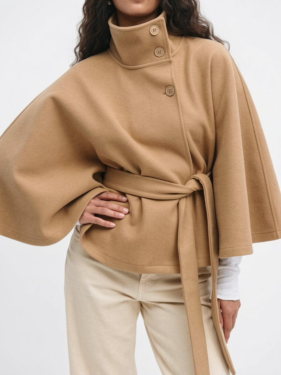 Manteau Cape Col Haut Femme Hiver Ceinturé Luxe - Kaki S
