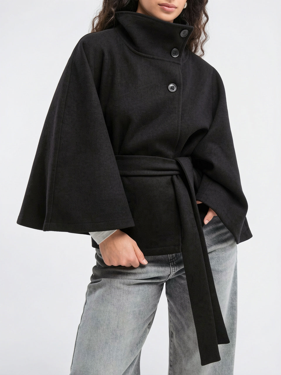 Manteau Cape Col Haut Femme Hiver Ceinturé Luxe - Noir S