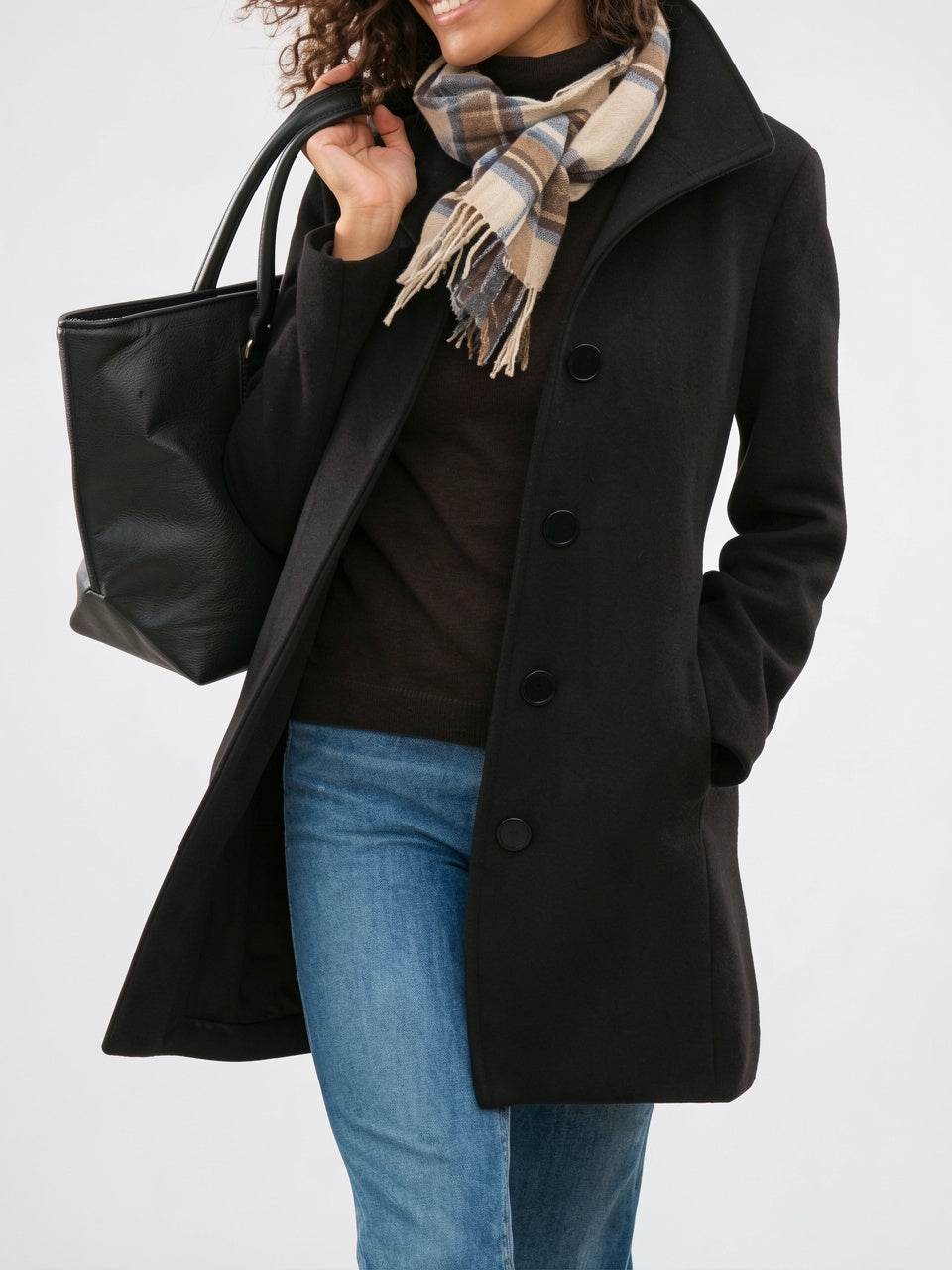 Manteau d'Hiver Classique Boutonnage Frontal pour Femmes, Manteau d'Automne Taille Longue, Coupe Ajustée - Black S