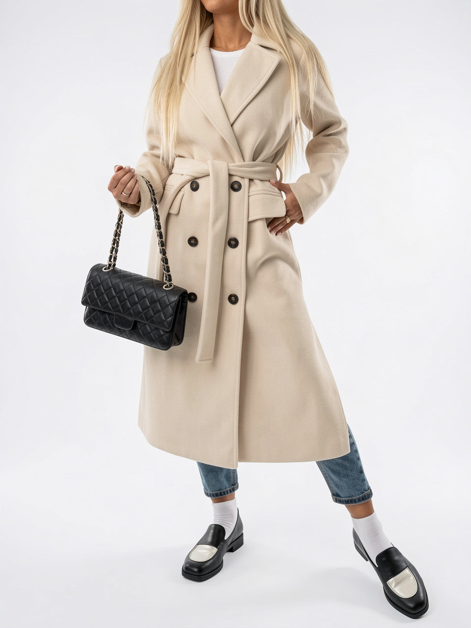 Manteau d'Hiver Double Boutonnage pour Femmes, Structuré et Long, avec Ceinture en Polyester - Beige S