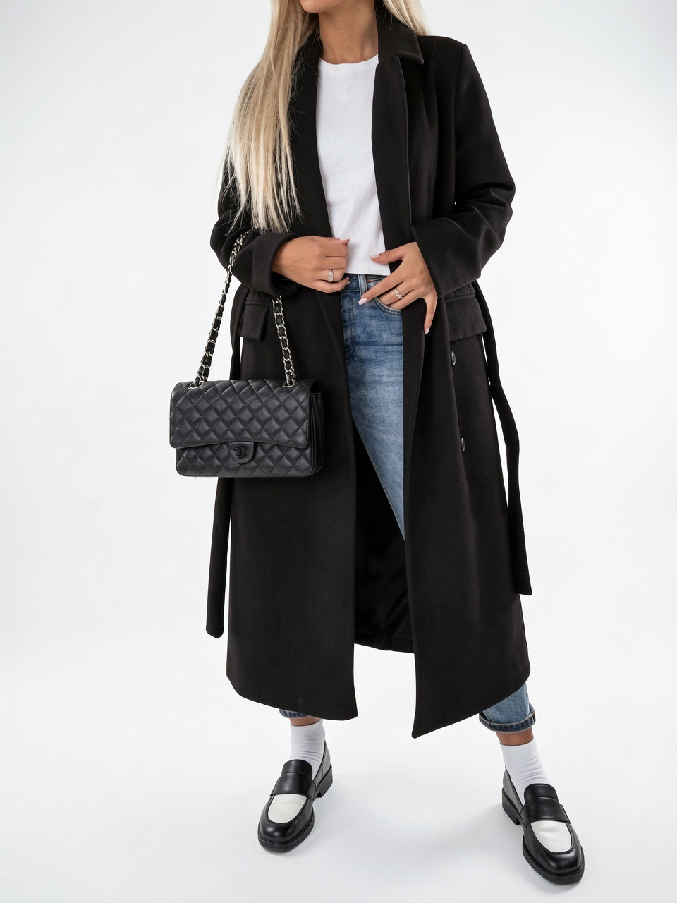Manteau d'Hiver Double Boutonnage pour Femmes, Structuré et Long, avec Ceinture en Polyester - Black S