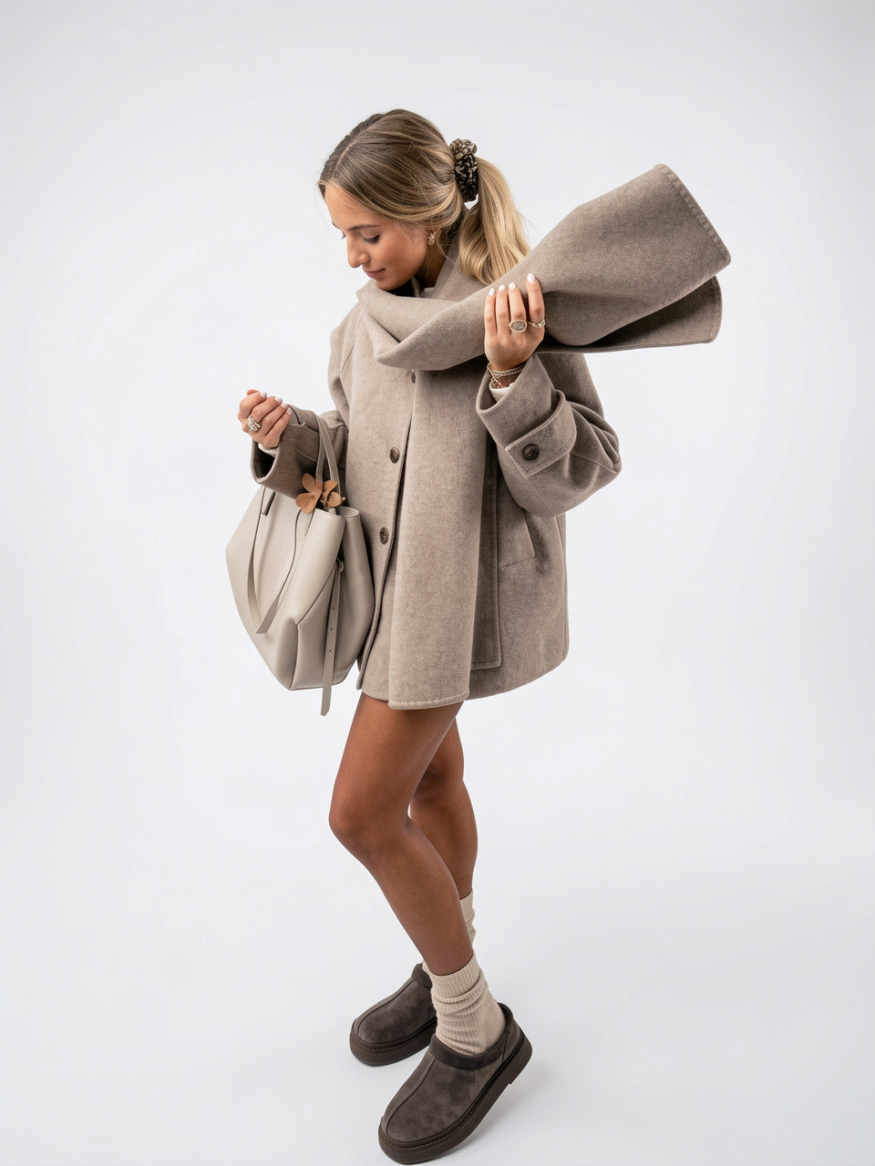 Manteau Femme Boutonné Oversize Col Poignets Boutonnés - Taupe S