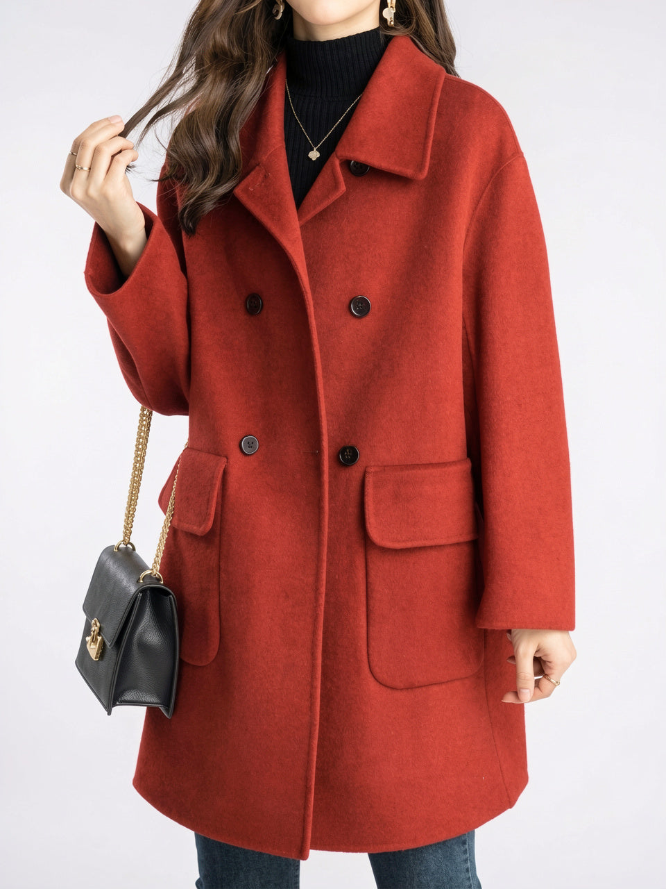 Manteau femme cintré mi-long coupe-vent boutonné polyester - Rouge M