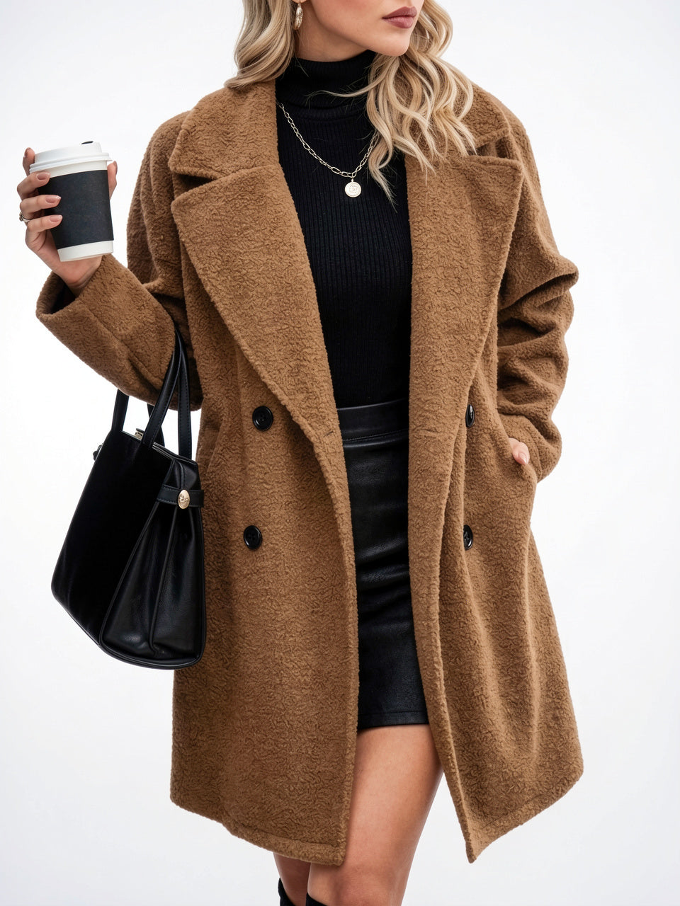 Manteau Femme Mi-Long Hiver-Automne Double Boutonnage Chaud - Café S