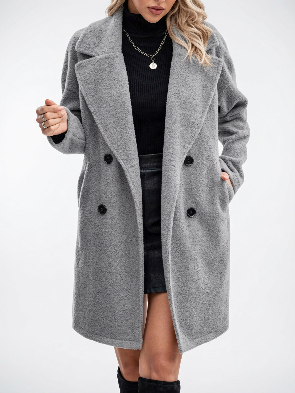 Manteau Femme Mi-Long Hiver-Automne Double Boutonnage Chaud - Gris S
