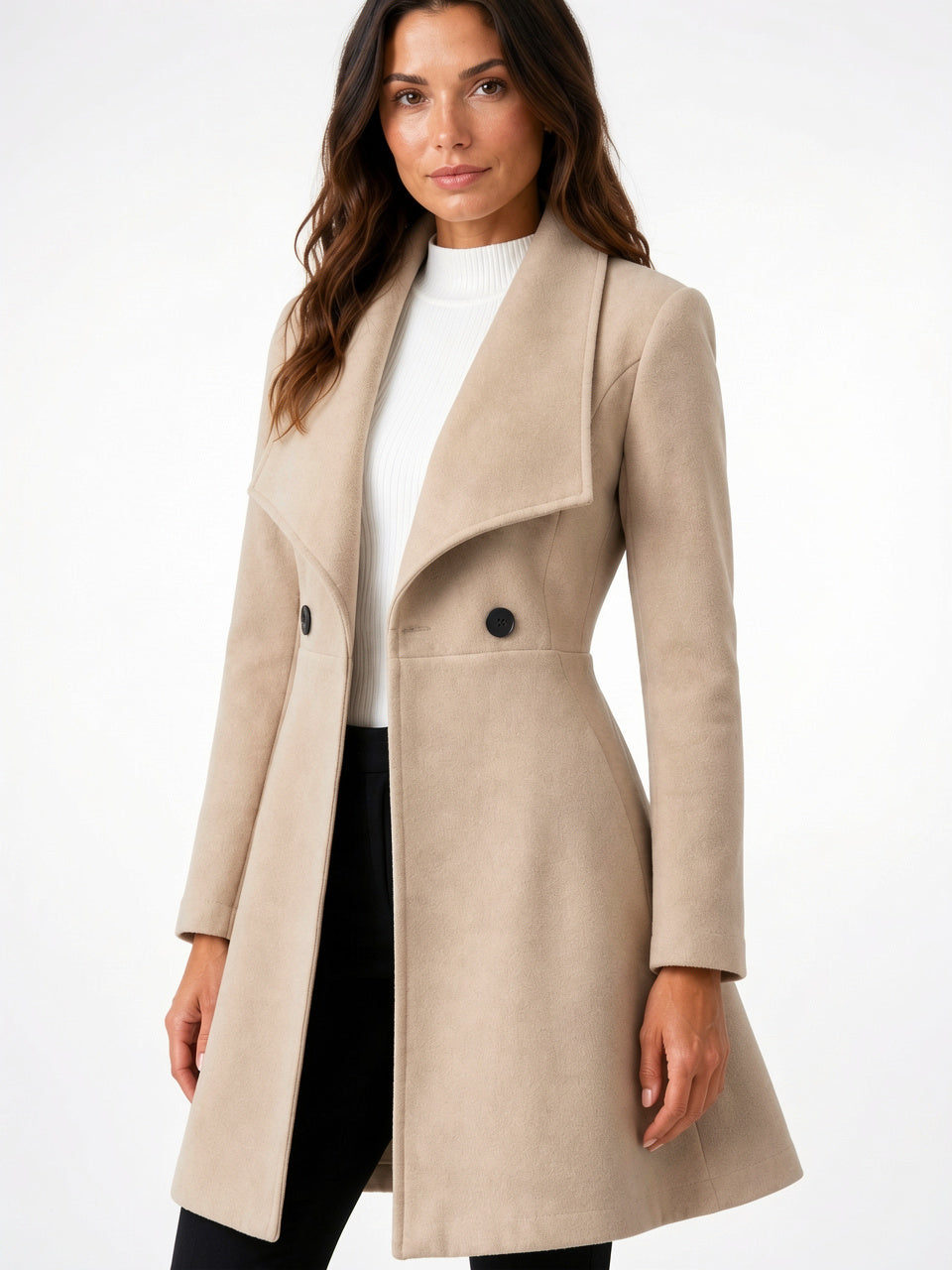 Manteau Lainage Col Châle Coupe Cintrée Évasée - Abricot S
