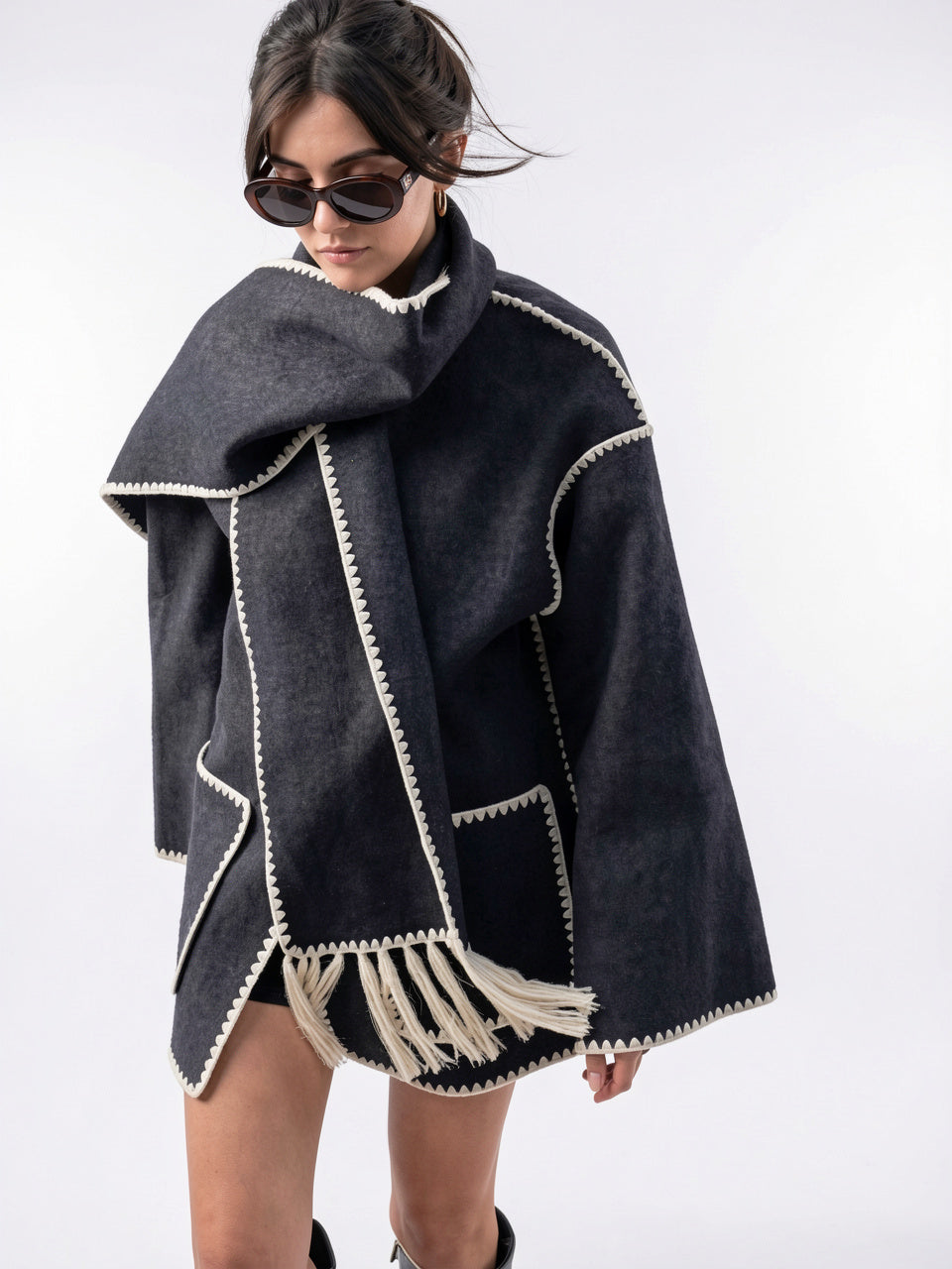 Manteau Laine Tweed Femme Ample Coupe Col Rond - 1