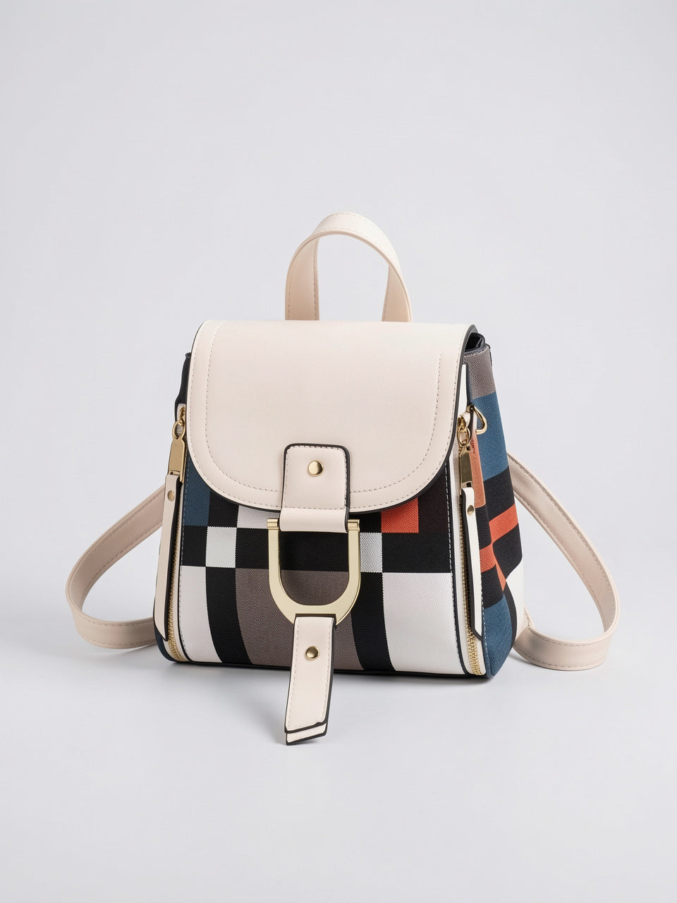Mireille — Sac à dos femme ultra léger ville - Beige Cuir Vegan + Tissu