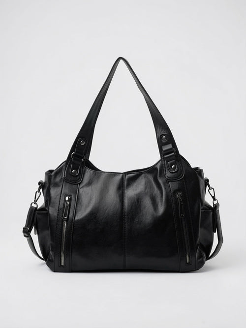 Agathe — Grand sac à main rétro souple de cours à bandoulière - Noir