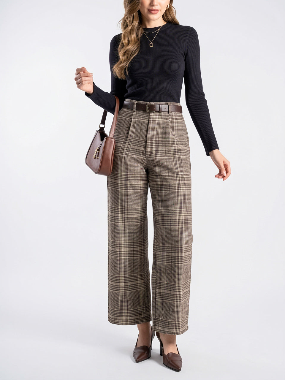 Pantalon À Carreaux Tailleur Taille Haute Large - 2