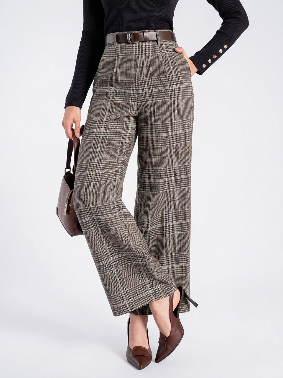 Pantalon À Carreaux Tailleur Taille Haute Large - 3