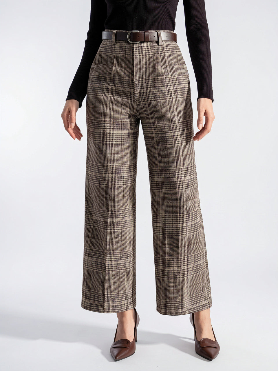 Pantalon À Carreaux Tailleur Taille Haute Large - 4