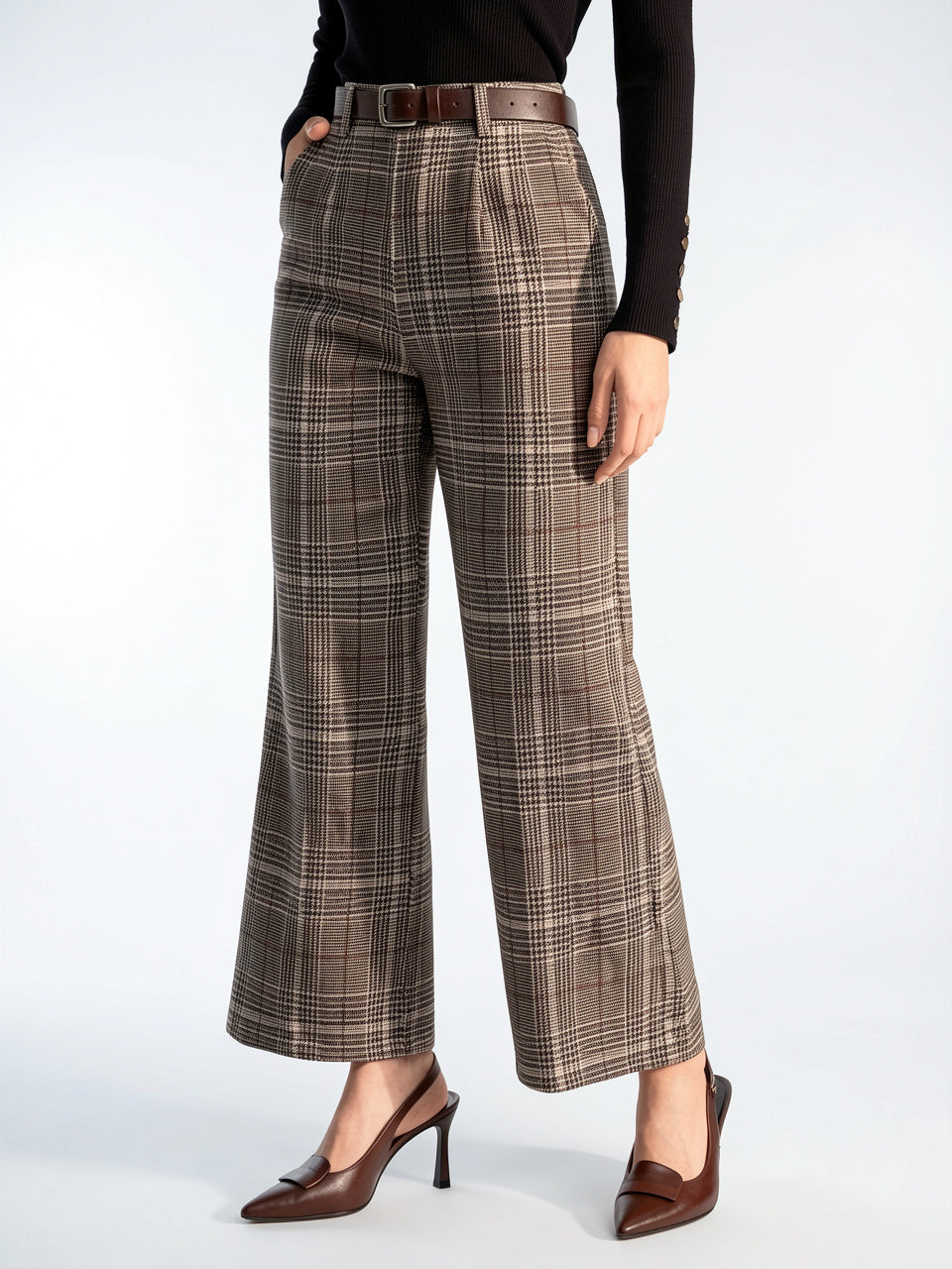 Pantalon À Carreaux Tailleur Taille Haute Large - 5