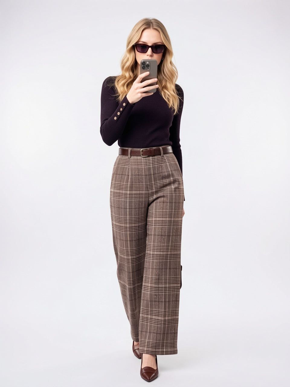 Pantalon À Carreaux Tailleur Taille Haute Large - 7
