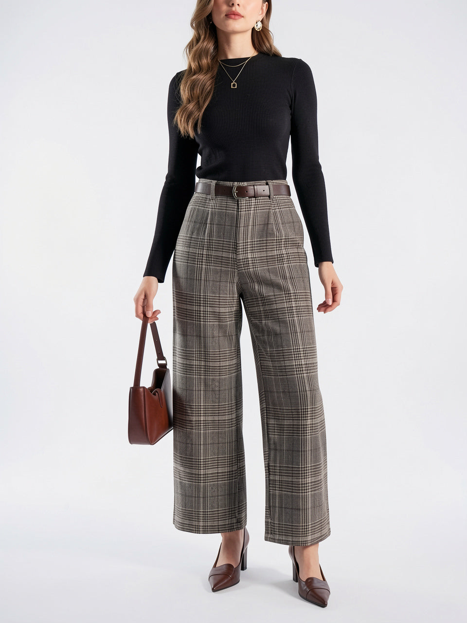 Pantalon À Carreaux Tailleur Taille Haute Large - 8
