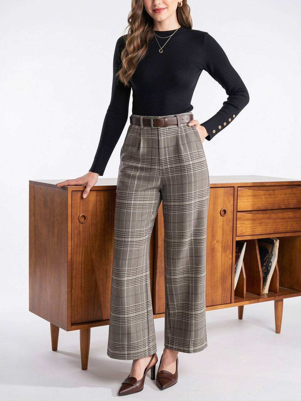 Pantalon À Carreaux Tailleur Taille Haute Large - 9