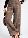 Pantalon À Carreaux Tailleur Taille Haute Large - Coffee Brown S