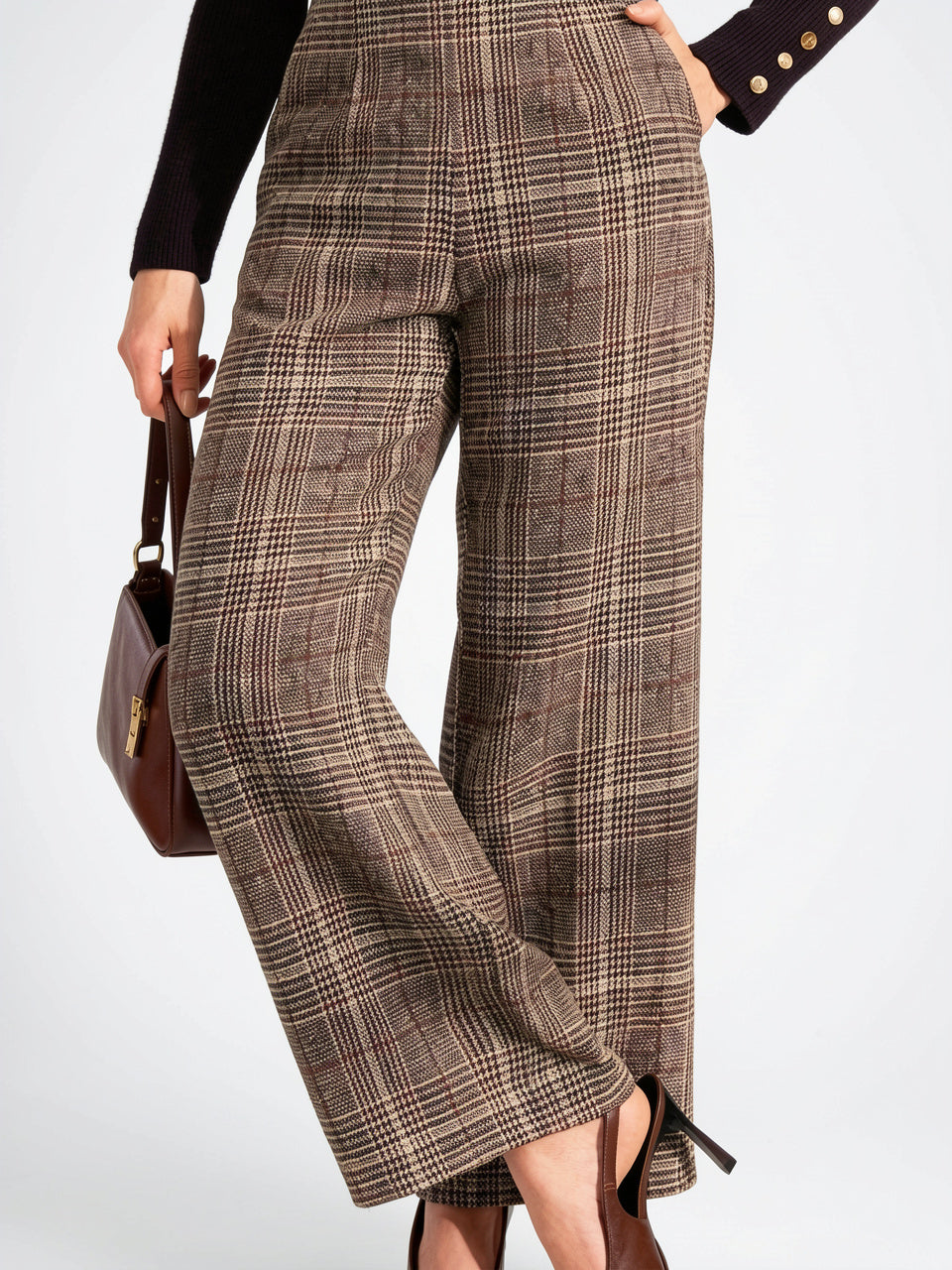 Pantalon À Carreaux Tailleur Taille Haute Large - Coffee Brown S