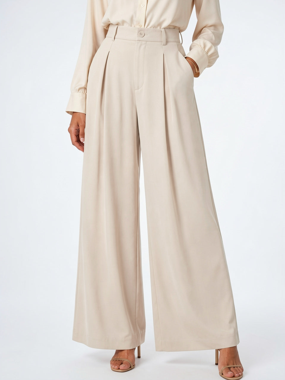 Pantalon Ballon Femme Taille Haute Plissé Jambe Large - Beige S