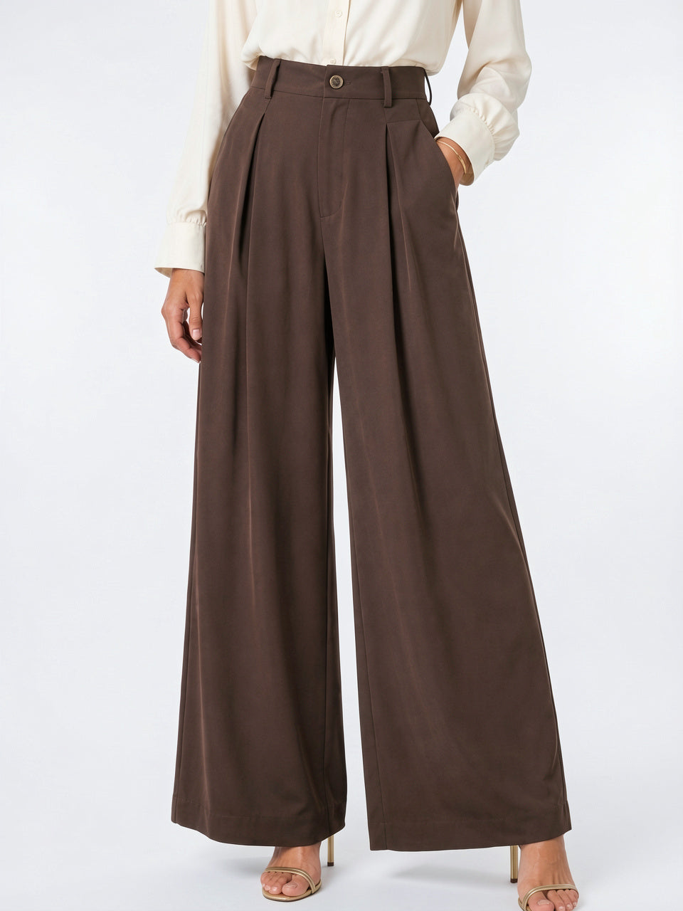Pantalon Ballon Femme Taille Haute Plissé Jambe Large - Marron S