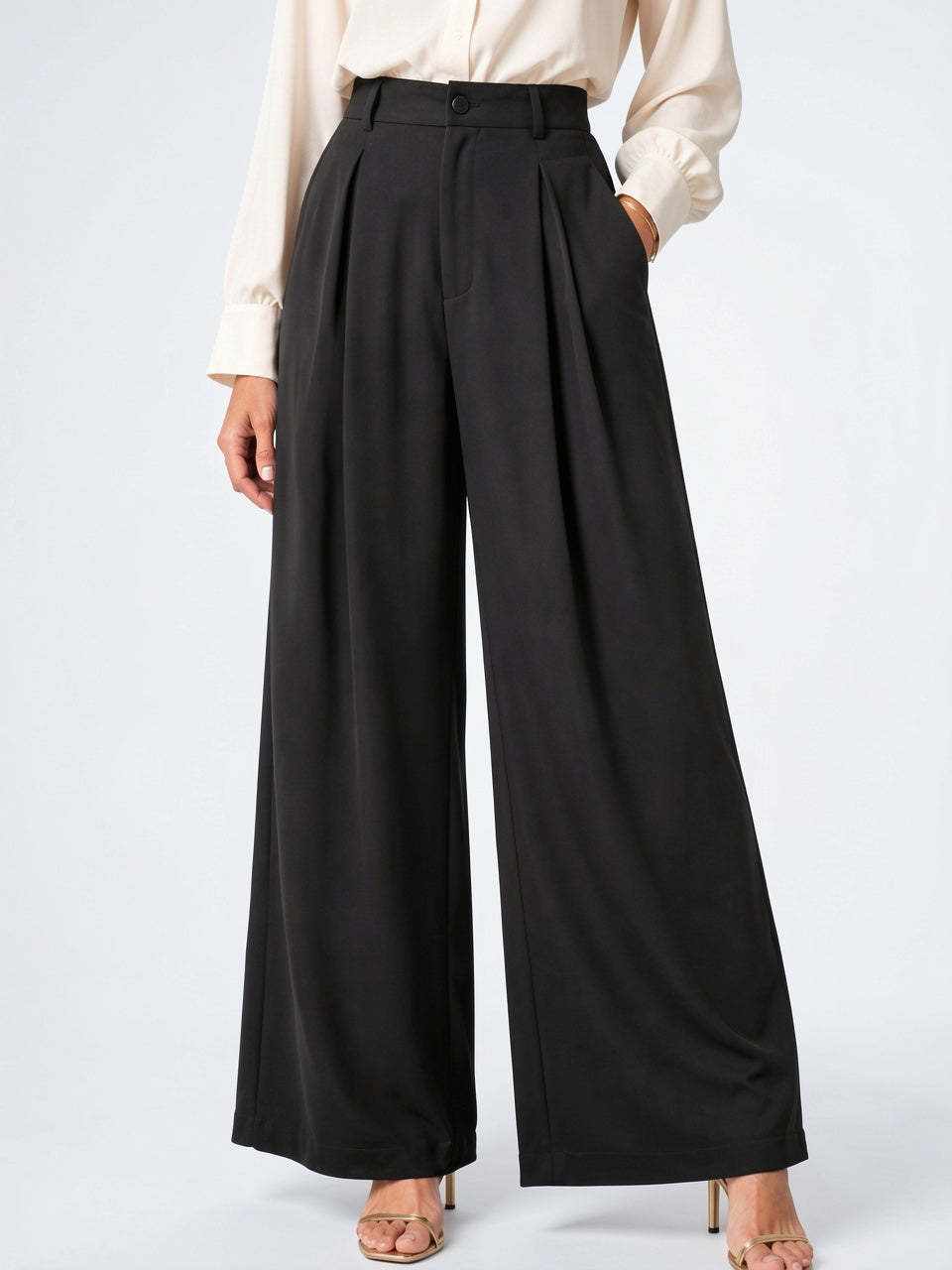 Pantalon Ballon Femme Taille Haute Plissé Jambe Large - Noir S